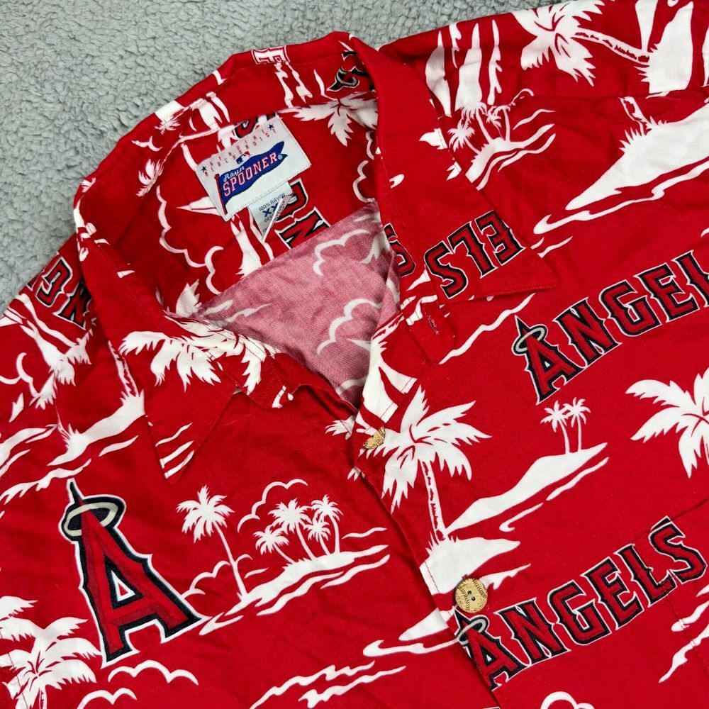 Reyn Spooner Shirt Mens 2XL Red White Rayon Hawaiian Aloha Los Angeles Angels